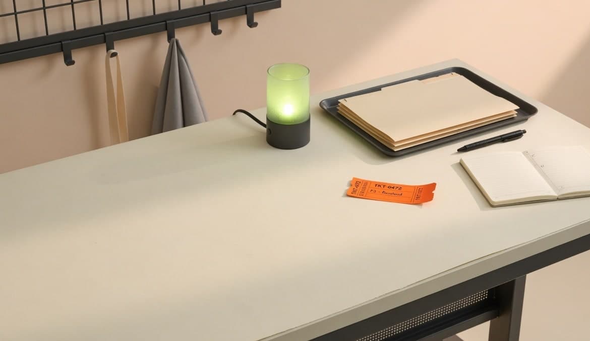 A quiet support desk with an orange ticket stub, a lime lamp, and an open notebook