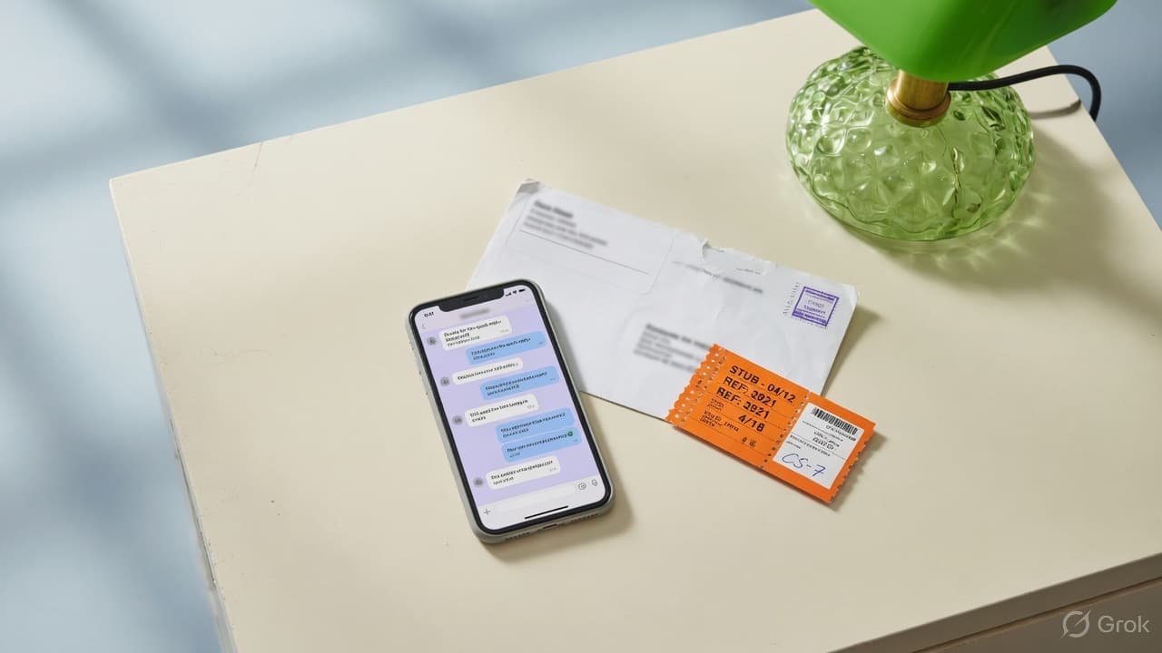 A cream desk with a phone, an envelope, and an orange ticket stub
