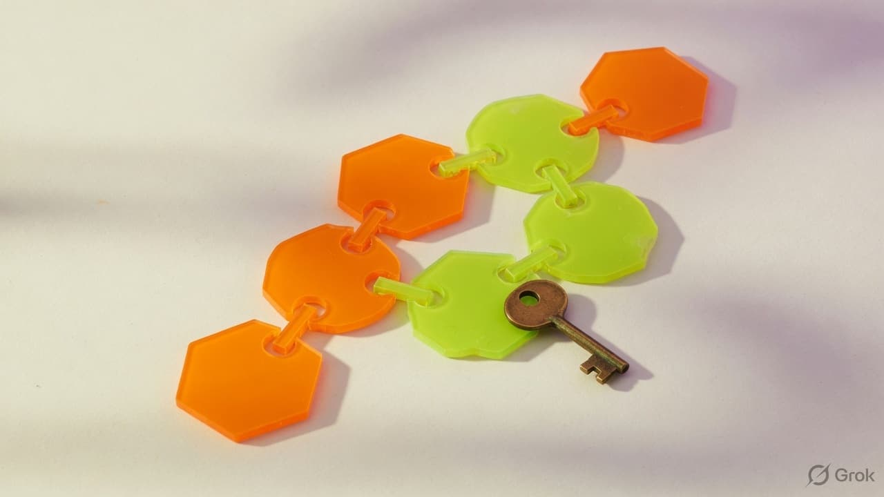Geometric orange and lime nodes with a small key on a cream surface