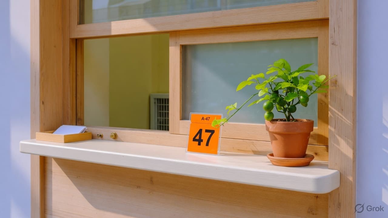 A wooden service counter with a small orange ticket standing on the ledge