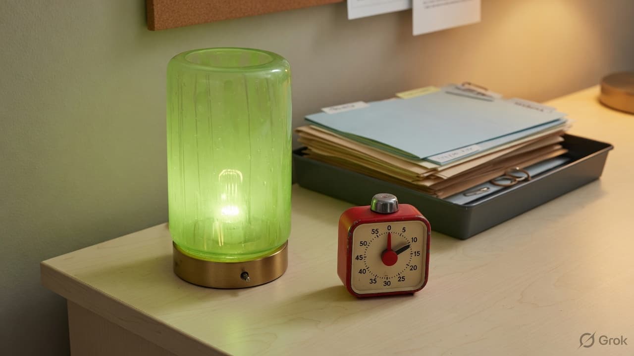 A lime glass lamp beside a small timer on a pale desk