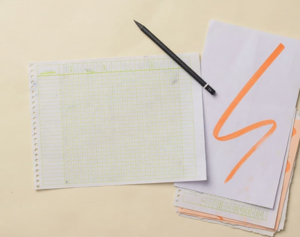 A lime cell lattice beside a single orange sketch stroke, with stacked paper versions